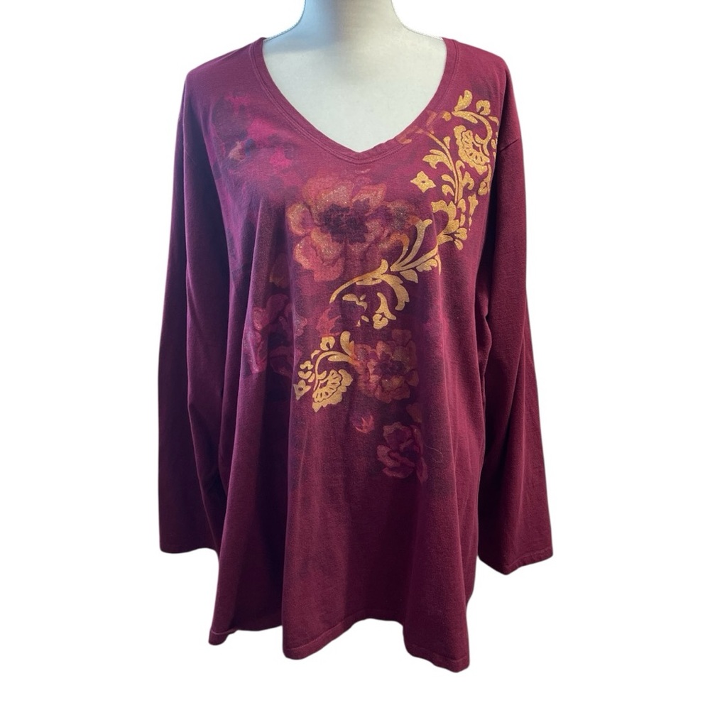Just My Size Women Floral Blouse Long Sleeves Burgundy Gold Glitter 4X Bloomcore
